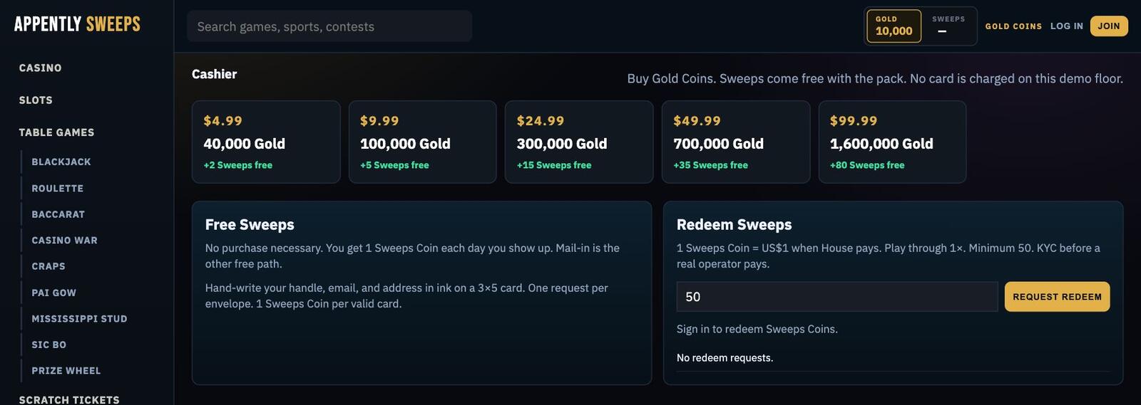 The Sweeps cashier: five Gold packs with free Sweeps, the Free Sweeps panel, and the Redeem Sweeps panel