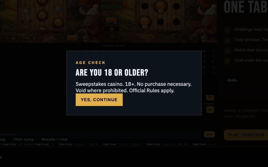 The 18+ age check shown before the Sweeps lobby opens