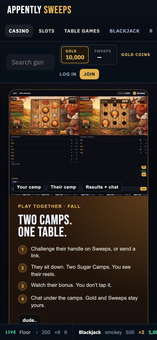 The Sweeps lobby on a phone