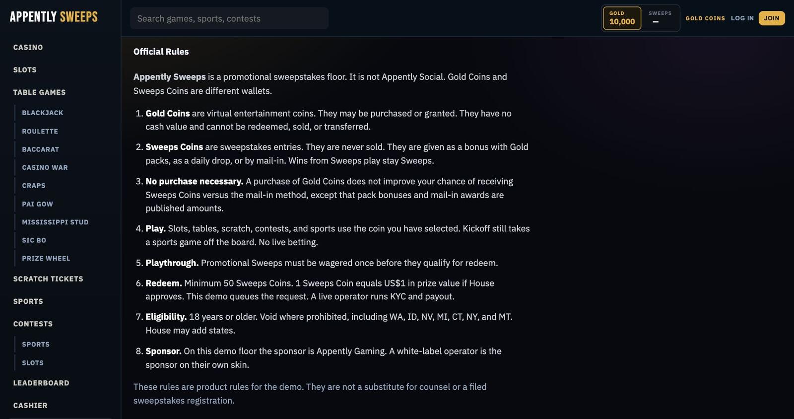 The Official Rules page: Gold Coins, Sweeps Coins, no purchase necessary, play, playthrough, redeem, eligibility, and sponsor