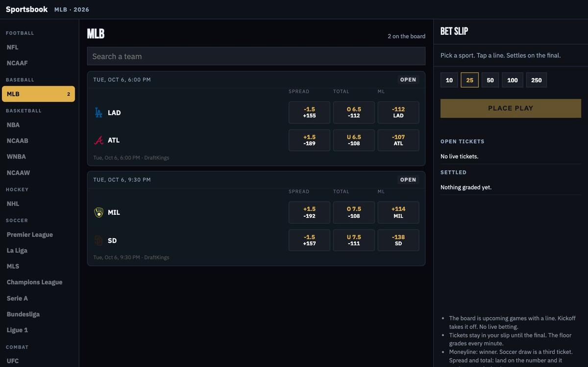 The sportsbook showing MLB lines and a bet slip