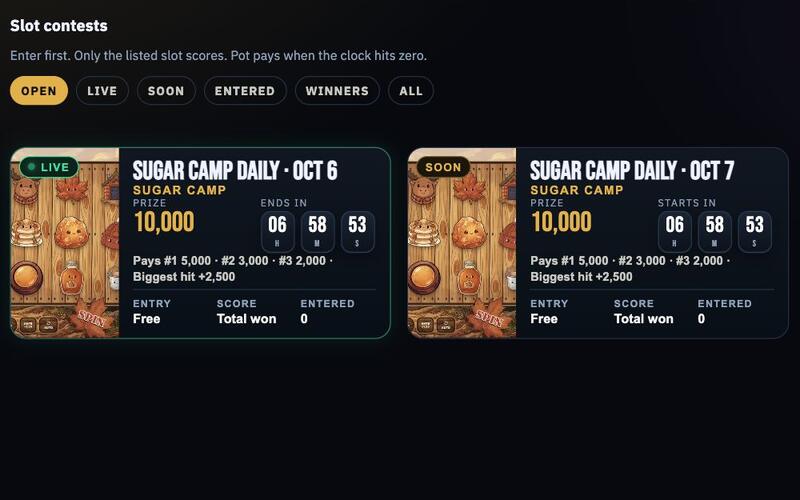 Sugar Camp daily slot contests with countdown clocks