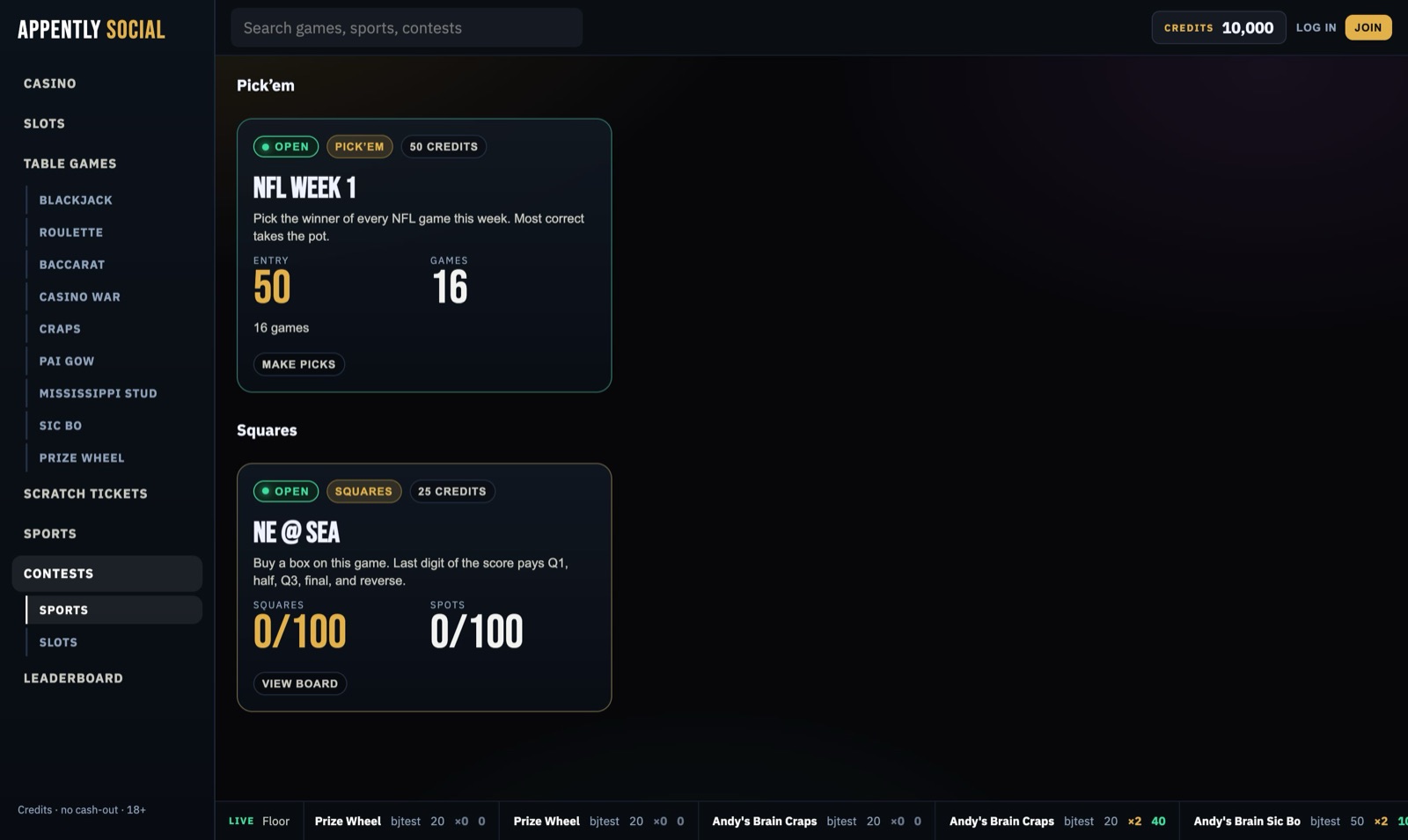 Contest lobby with an open NFL Pick'em contest and an open Squares board