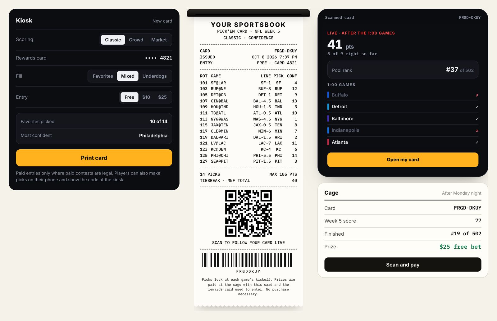 Pick'em demo: a kiosk with a free entry and a rewards card, the printed Pick'em card with a QR code, the scanned card on a phone, and the cage screen