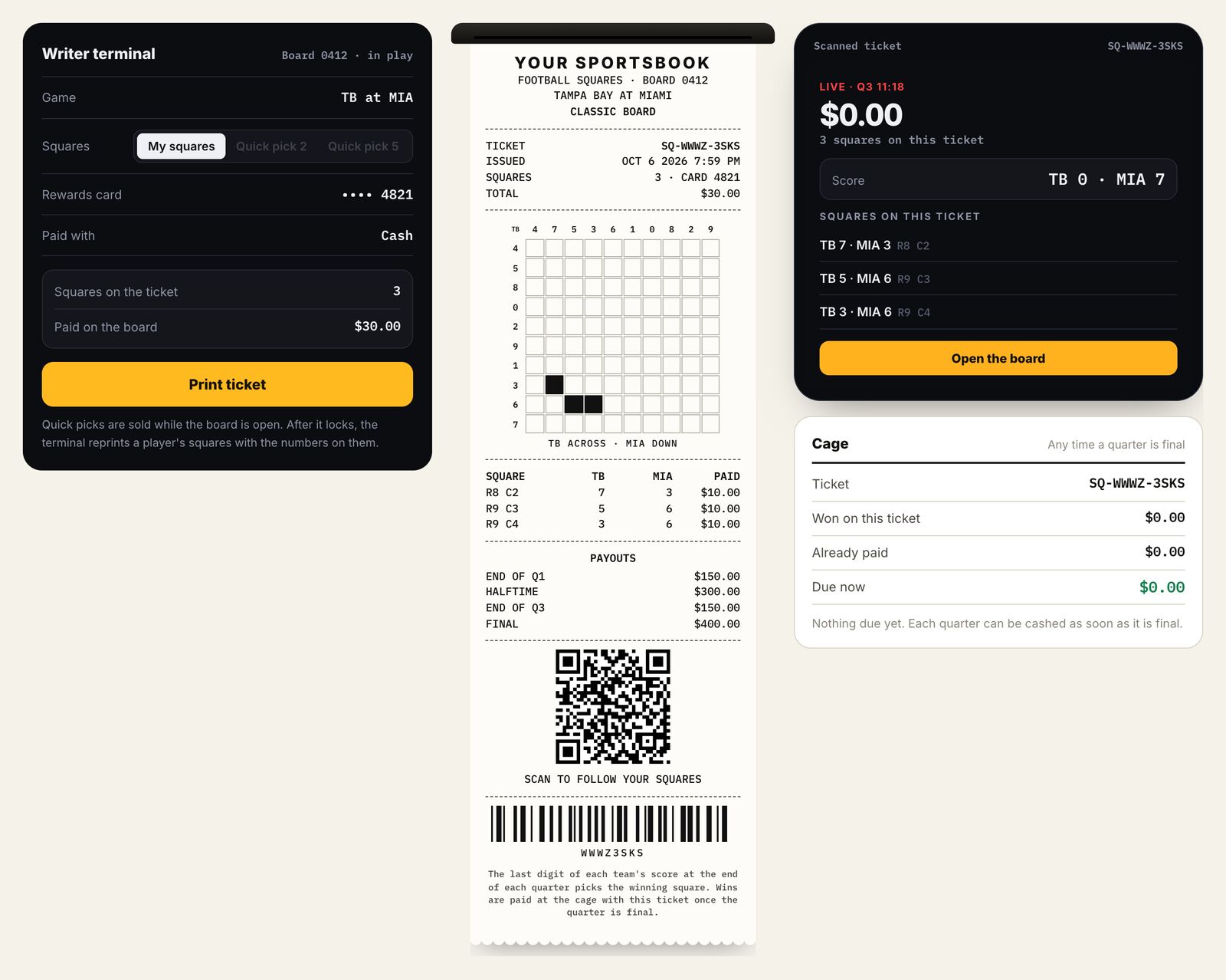Squares demo: the writer terminal, the printed Squares ticket with the board and drawn numbers, the scanned ticket on a phone, and the cage screen