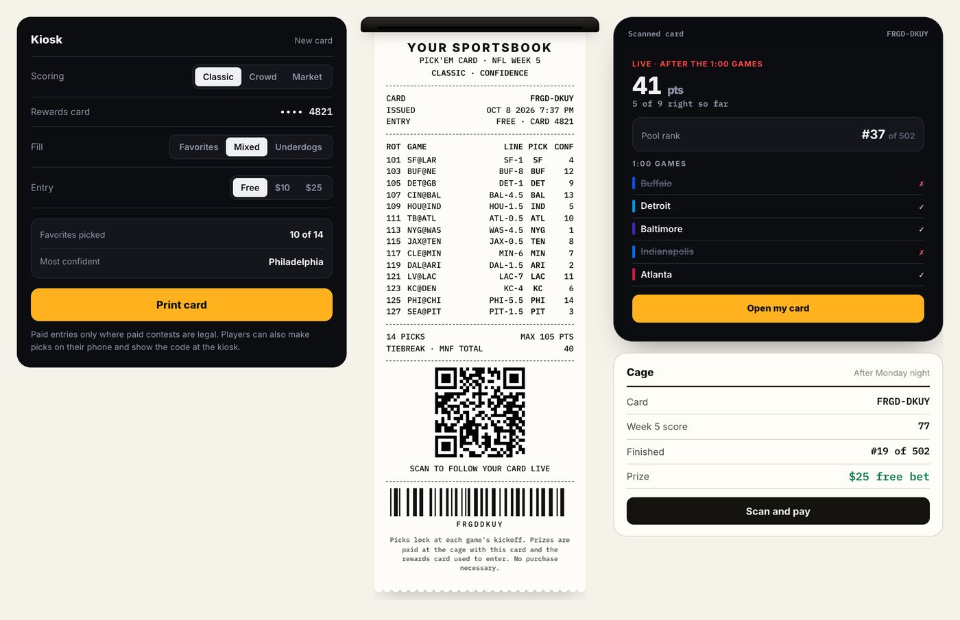 Pick'em demo: a kiosk with a free entry and a rewards card, the printed Pick'em card with a QR code, the scanned card on a phone, and the cage screen