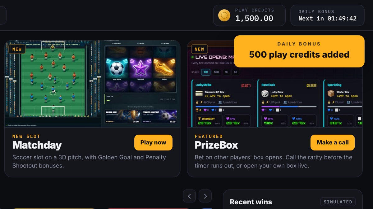 The daily bonus adding play credits to the header balance