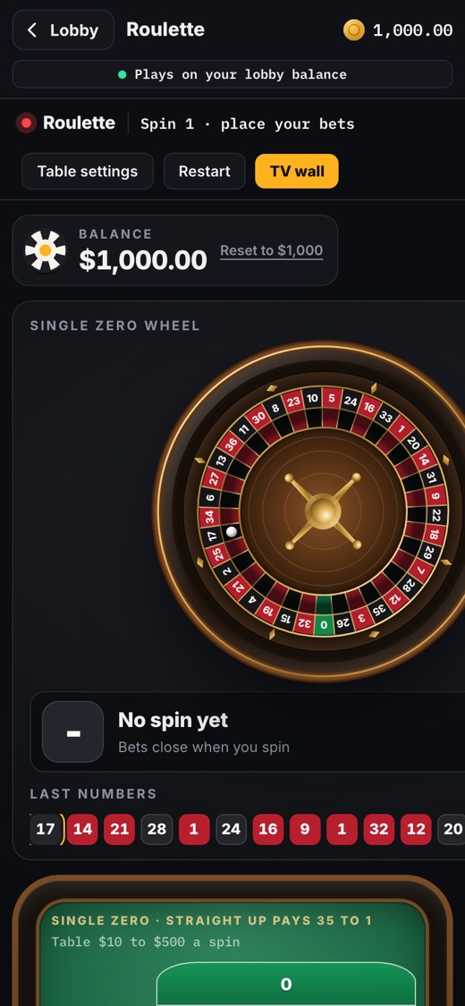 A table game open full screen on a phone, with the balance in the top bar