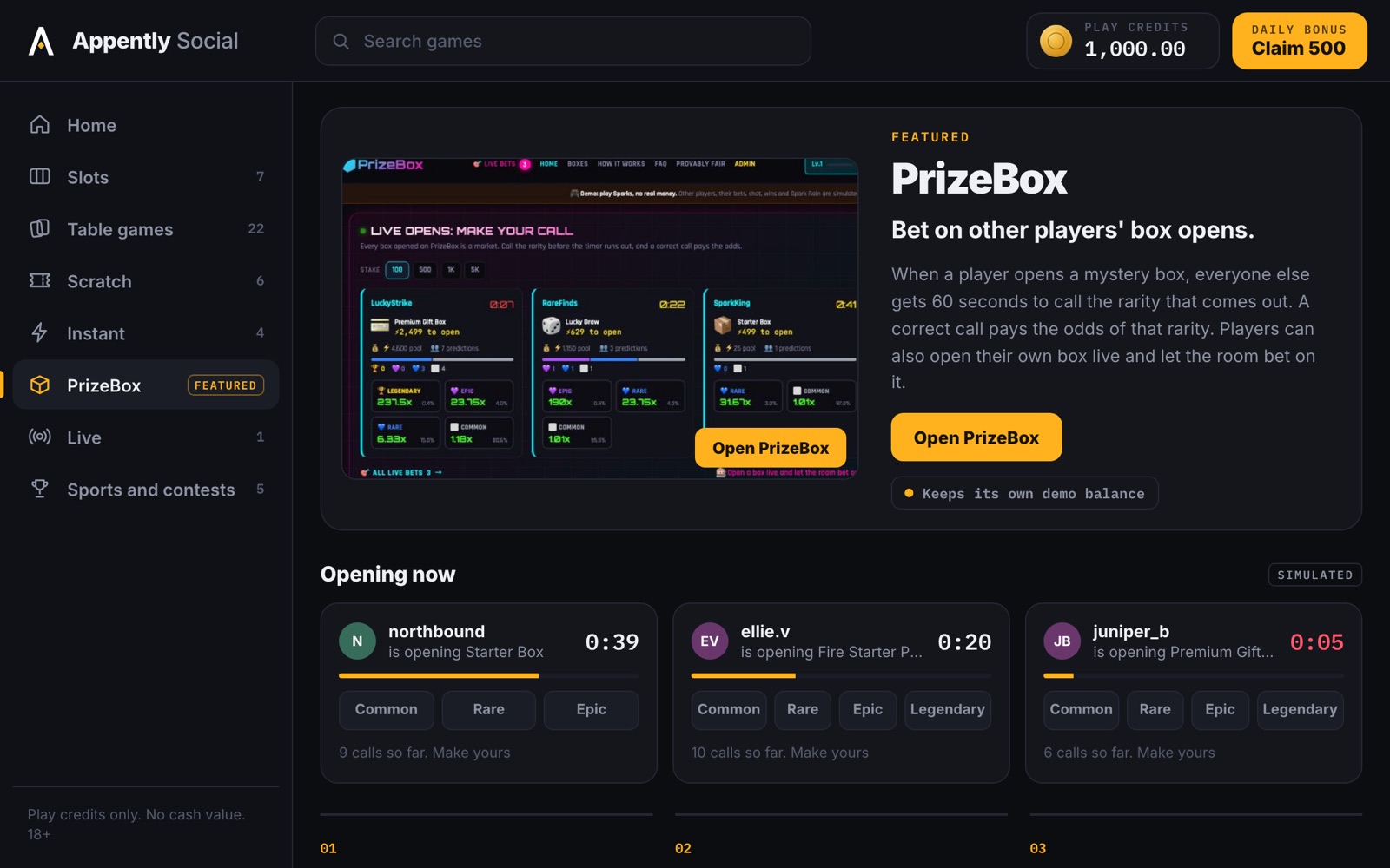 PrizeBox in the Appently Social lobby: players opening boxes, with 60 second timers for calls on the rarity