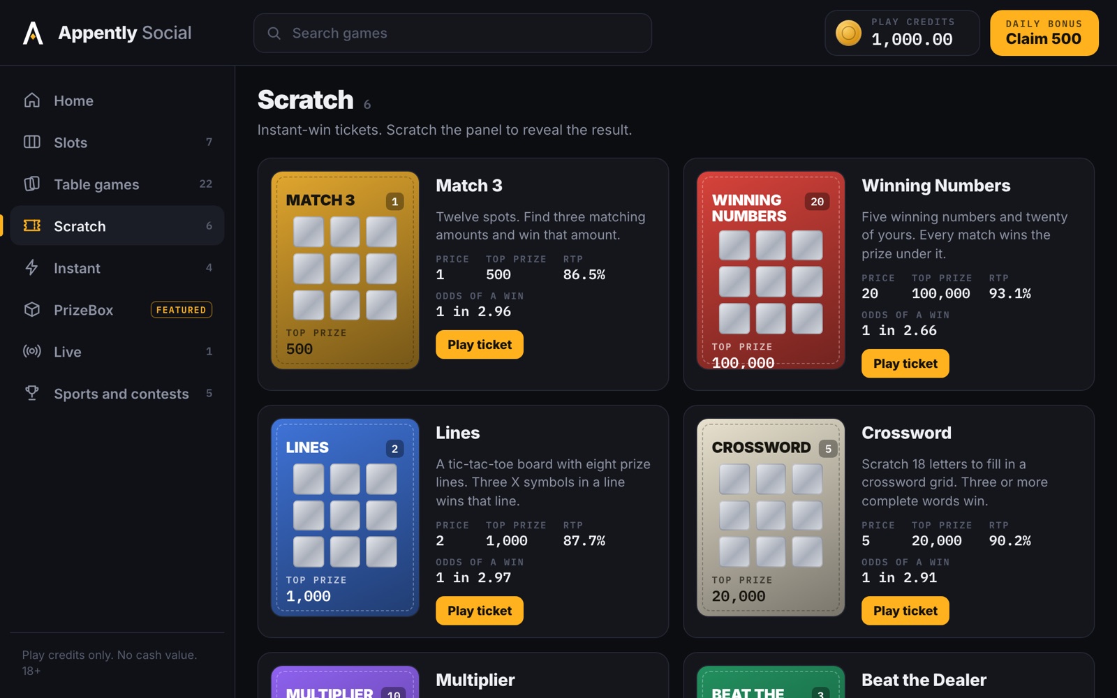 The Scratch category: Match 3, Winning Numbers, Lines, Crossword, Multiplier and Beat the Dealer, each with its price, top prize, return and odds