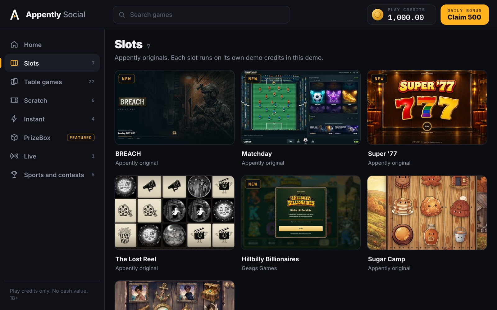 The Slots category in the Appently Social lobby: BREACH, Matchday, Super '77, The Lost Reel, Hillbilly Billionaires, Sugar Camp and Uncharted Wake