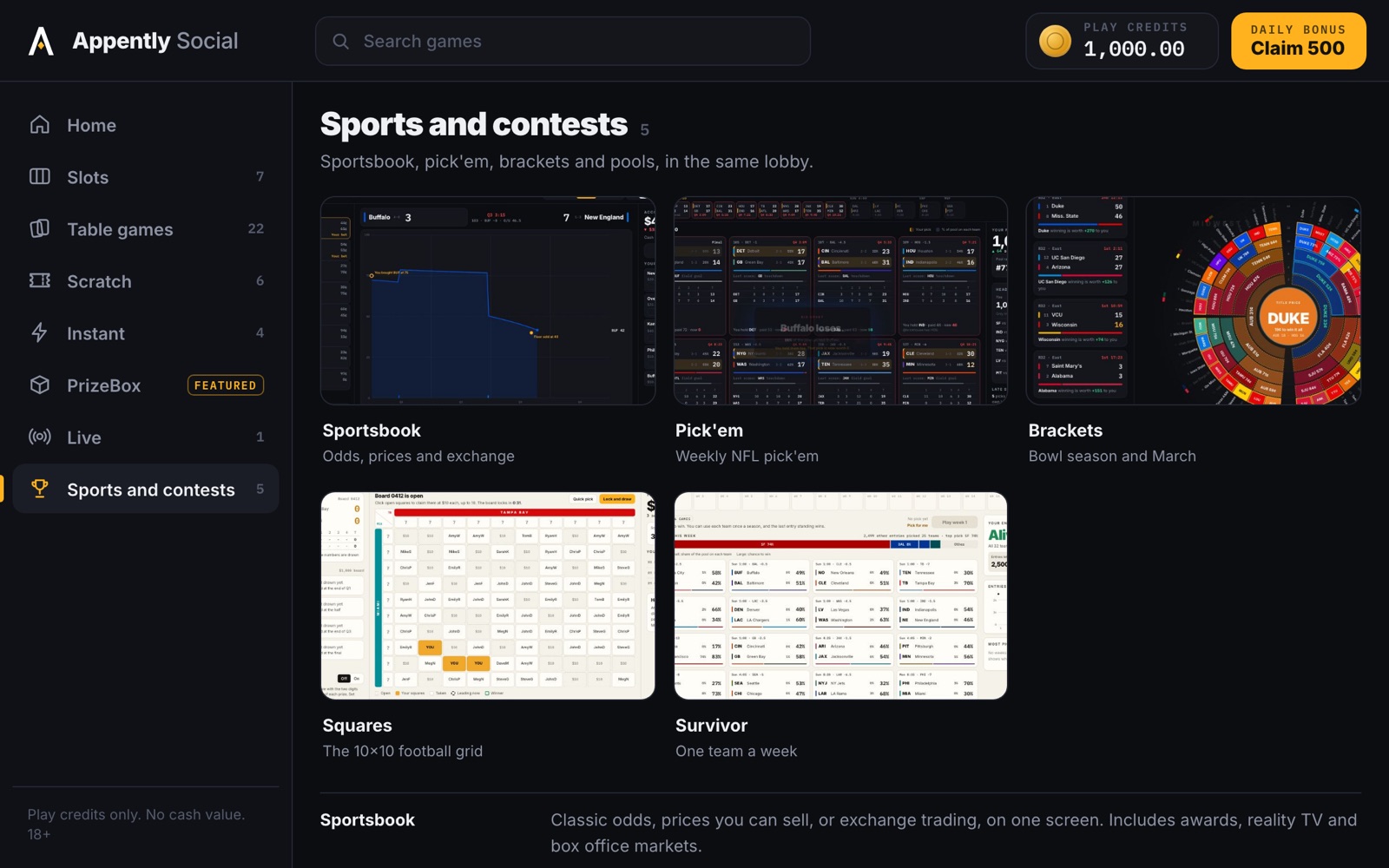 The Sports and contests category: Sportsbook, Pick'em, Brackets, Squares and Survivor