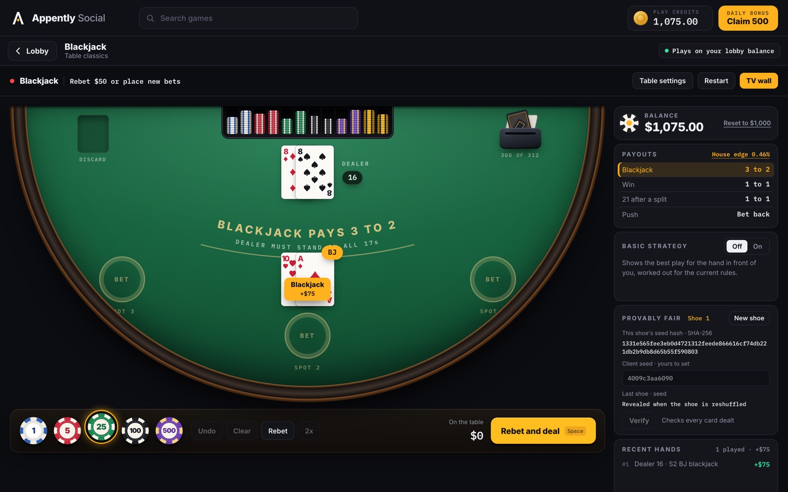 Blackjack open inside the Appently Social lobby, playing on the balance in the header