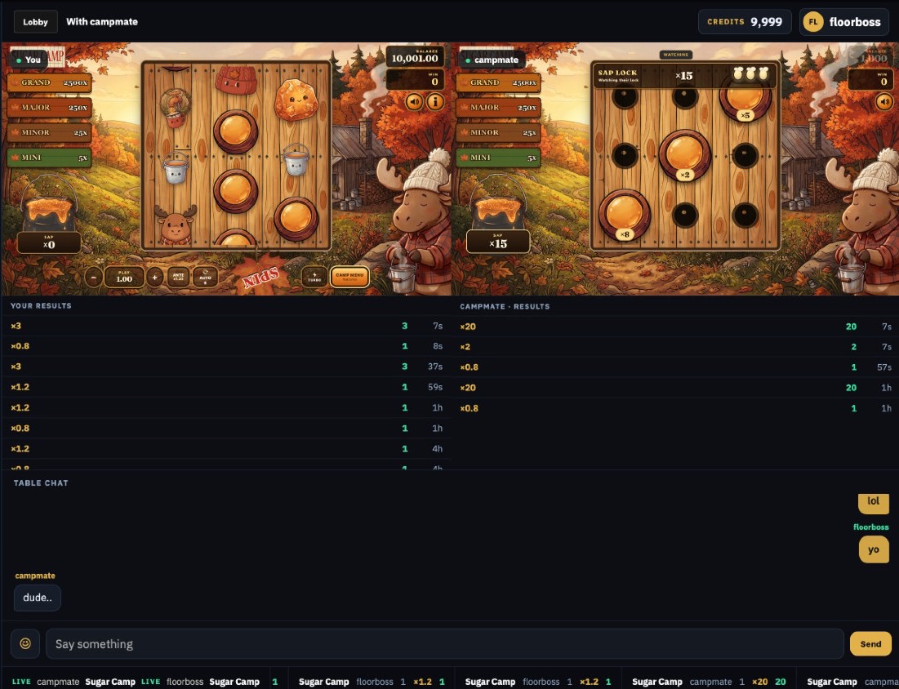 Appently Social floor: slots, play together, results, and table chat